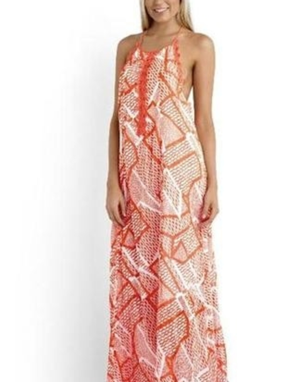 Seafolly Coral and White Halter Crochet Details Maxi Dress